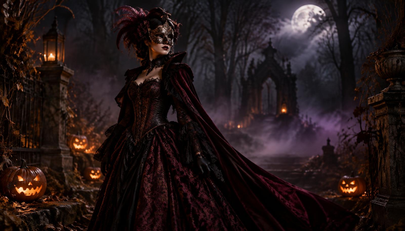 A masked figure in an elaborate Halloween costume beneath the moon