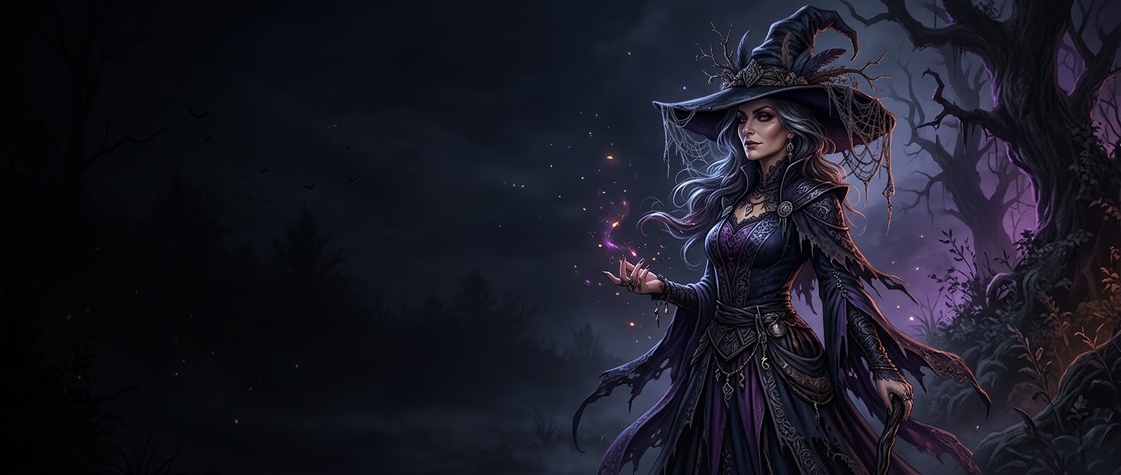 A witch in an ornate costume conjuring purple light in a moonlit forest