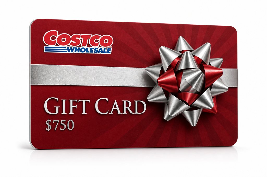 Costco Wholesale $750 gift card with a silver and red bow